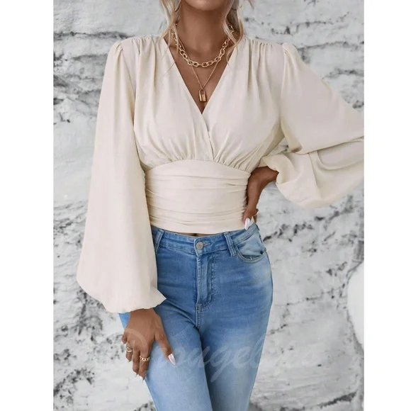 Beige V-Neck Long Lantern Sleeve Ruched Top Shirt Blouse - Picture 2 of 9